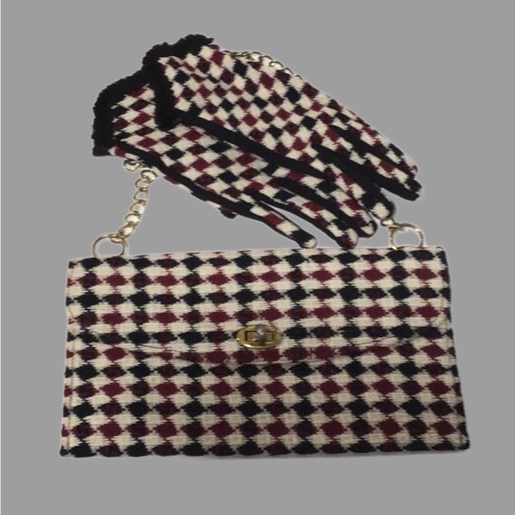 Vintage Woven Envelope Shoulder Bag and Gloves Set, Maroon/Black/Cream, 3-Pieces - Picture 2 of 14
